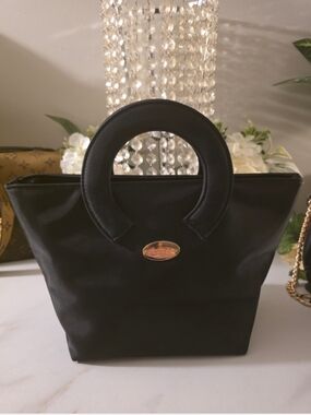 Dior Black Tote with Circular Top Handles and Gold Plaque